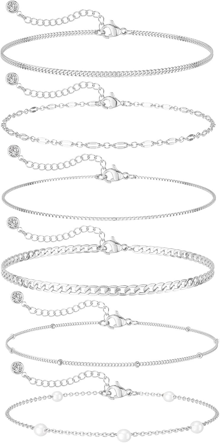 MBW Silver Plated Bracelets for Women, Dainty Silver Bracelets for Women Set Bracelet Stack Waterproof Jewelry for Women Trendy Minimalist Simple Small Thin Bracelet Set for Women Teen Gift - Image 1